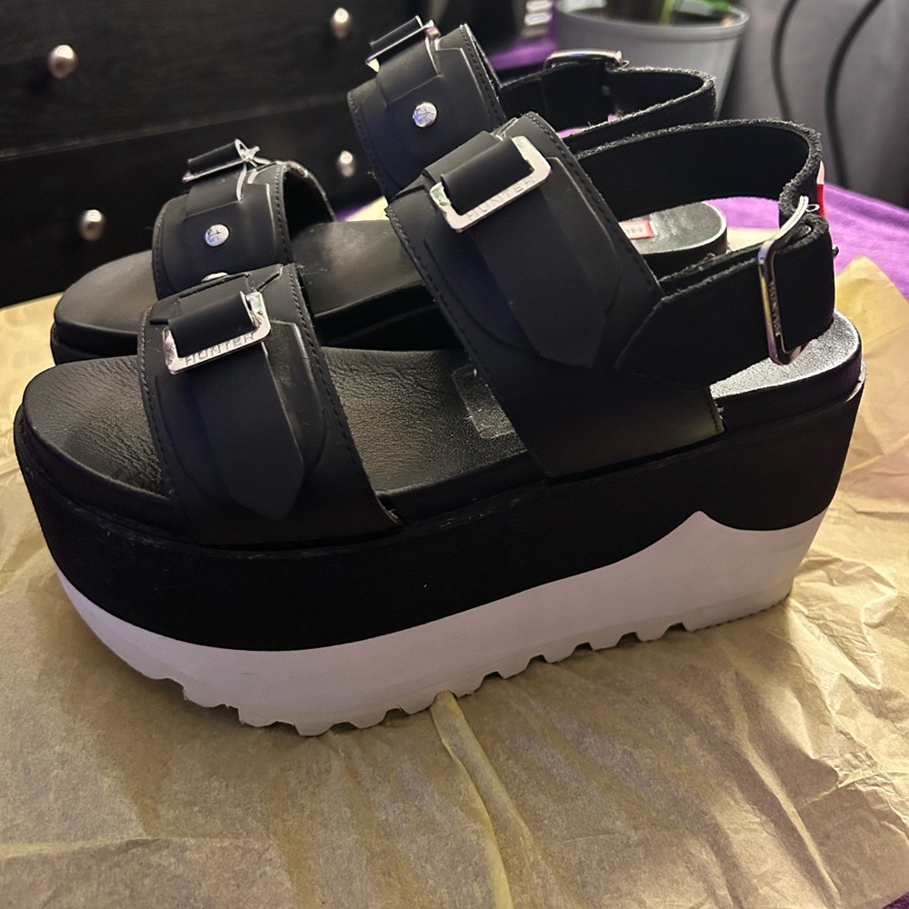 Hunter Black Platform Buckle Sandals with White Sole